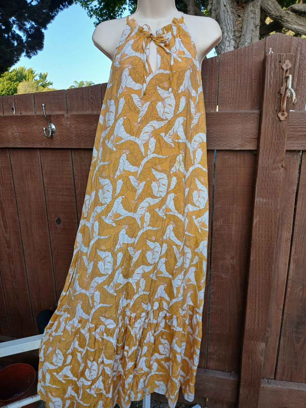 Nine West Mustard Yellow Leaf-Print Halter Maxi Dress Size M (EUC)